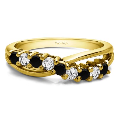 0.55 Carat Black and White Ten Stone Shared Prong Bypass Wedding Band  in Yellow Gold