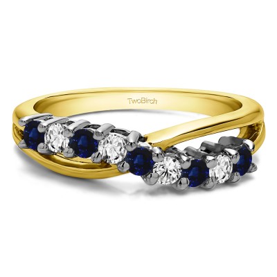 0.55 Carat Sapphire and Diamond Ten Stone Shared Prong Bypass Wedding Band  in Two Tone Gold