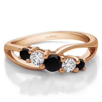 0.53 Carat Black and White Twist Double Shared Prong Bypass Wedding Ring  in Rose Gold