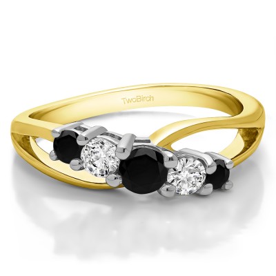0.53 Carat Black and White Twist Double Shared Prong Bypass Wedding Ring  in Two Tone Gold