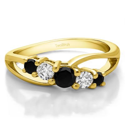 0.53 Carat Black and White Twist Double Shared Prong Bypass Wedding Ring  in Yellow Gold