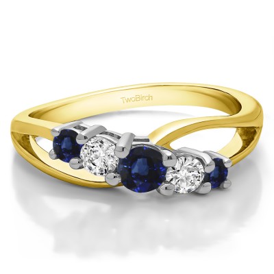 0.53 Carat Sapphire and Diamond Twist Double Shared Prong Bypass Wedding Ring  in Two Tone Gold