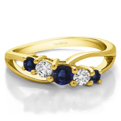 0.53 Carat Sapphire and Diamond Twist Double Shared Prong Bypass Wedding Ring  in Yellow Gold