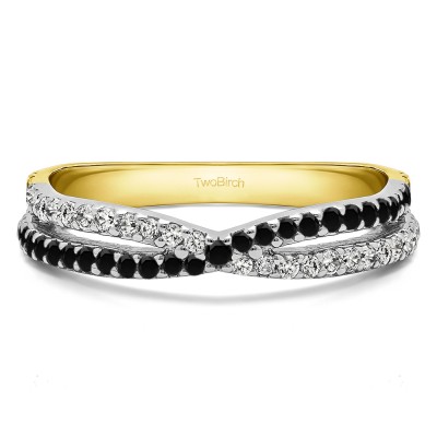 0.46 Carat Black and White Pave Cross Over Ring  in Two Tone Gold