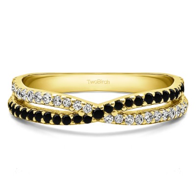 0.46 Carat Black and White Pave Cross Over Ring  in Yellow Gold