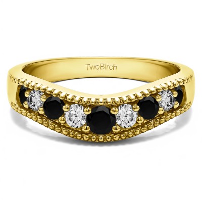 0.25 Ct. Black and White Wde Vintage Millgrained Contour Wedding Ring in Yellow Gold