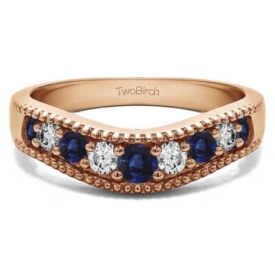 0.5 Ct. Sapphire and Diamond Wde Vintage Millgrained Contour Wedding Ring in Rose Gold