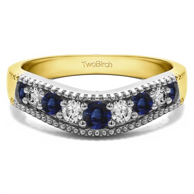 0.5 Ct. Sapphire and Diamond Wde Vintage Millgrained Contour Wedding Ring in Two Tone Gold