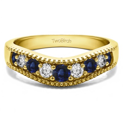 0.5 Ct. Sapphire and Diamond Wde Vintage Millgrained Contour Wedding Ring in Yellow Gold