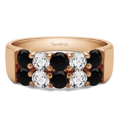 1.5 Carat Black and White Ten Stone Double Row Shared Prong Wedding Band  in Rose Gold
