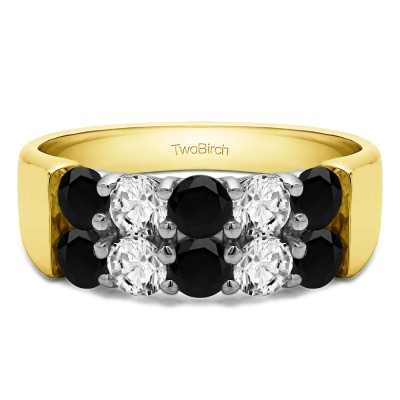 1.5 Carat Black and White Ten Stone Double Row Shared Prong Wedding Band  in Two Tone Gold