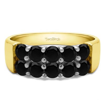 1 Carat Black Ten Stone Double Row Shared Prong Wedding Band  in Two Tone Gold