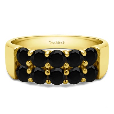 2 Carat Black Ten Stone Double Row Shared Prong Wedding Band  in Yellow Gold