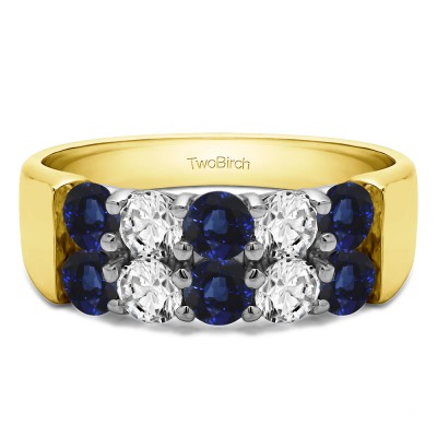 2 Carat Sapphire and Diamond Ten Stone Double Row Shared Prong Wedding Band  in Two Tone Gold