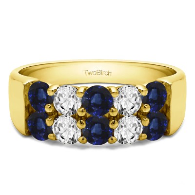 1.5 Carat Sapphire and Diamond Ten Stone Double Row Shared Prong Wedding Band  in Yellow Gold