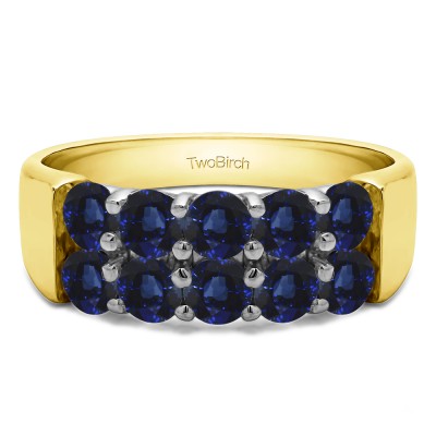 2 Carat Sapphire Ten Stone Double Row Shared Prong Wedding Band  in Two Tone Gold