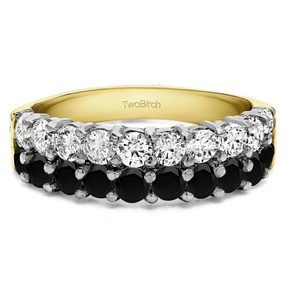 1.5 Carat Black and White Double Row Double Shared Prong Wedding Ring  in Two Tone Gold