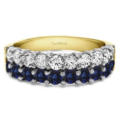 1.5 Carat Sapphire and Diamond Double Row Double Shared Prong Wedding Ring  in Two Tone Gold