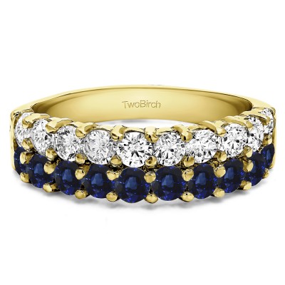 1 Carat Sapphire and Diamond Double Row Double Shared Prong Wedding Ring  in Yellow Gold