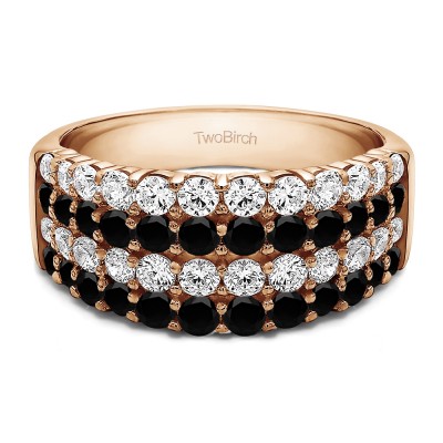 2.04 Carat Black and White Four Row Wide Domed Anniversary Ring in Rose Gold