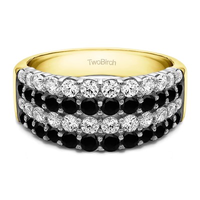2.04 Carat Black and White Four Row Wide Domed Anniversary Ring in Two Tone Gold