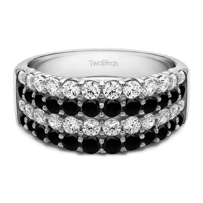 2.04 Carat Black and White Four Row Wide Domed Anniversary Ring