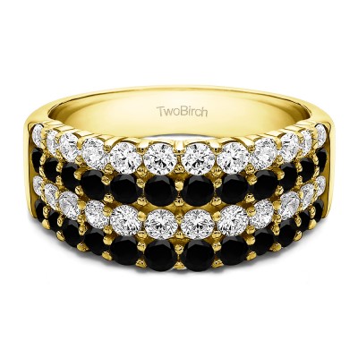 2.04 Carat Black and White Four Row Wide Domed Anniversary Ring in Yellow Gold