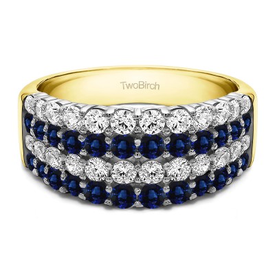 2.04 Carat Sapphire and Diamond Four Row Wide Domed Anniversary Ring in Two Tone Gold