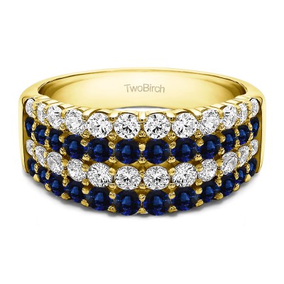 2.04 Carat Sapphire and Diamond Four Row Wide Domed Anniversary Ring in Yellow Gold