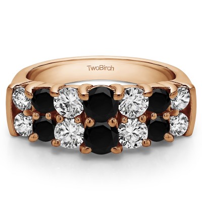 1.48 Carat Black and White Graduated Double Row Double Shared Prong Wedding Ring  in Rose Gold