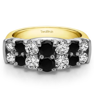 1.48 Carat Black and White Graduated Double Row Double Shared Prong Wedding Ring  in Two Tone Gold