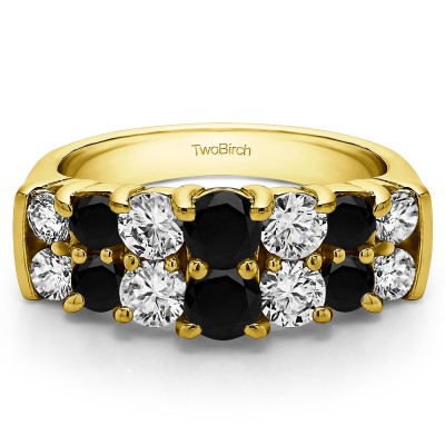 1.48 Carat Black and White Graduated Double Row Double Shared Prong Wedding Ring  in Yellow Gold