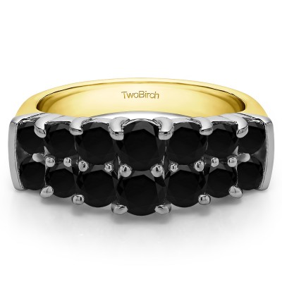 1.48 Carat Black Graduated Double Row Double Shared Prong Wedding Ring  in Two Tone Gold