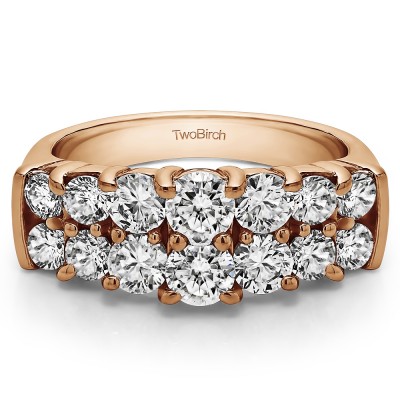2.04 Carat Graduated Double Row Double Shared Prong Wedding Ring  in Rose Gold