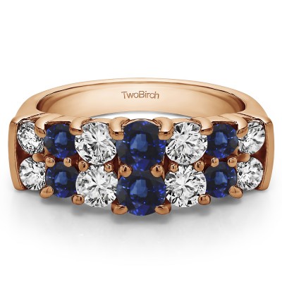 1.48 Carat Sapphire and Diamond Graduated Double Row Double Shared Prong Wedding Ring  in Rose Gold
