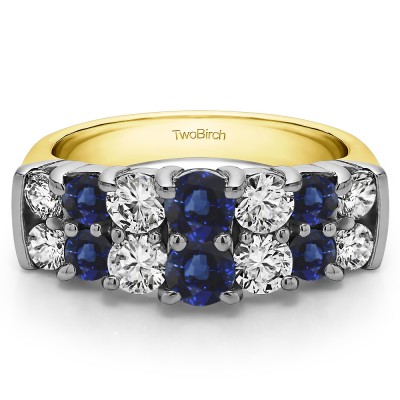 2.04 Carat Sapphire and Diamond Graduated Double Row Double Shared Prong Wedding Ring  in Two Tone Gold