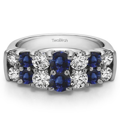 1.48 Carat Sapphire and Diamond Graduated Double Row Double Shared Prong Wedding Ring