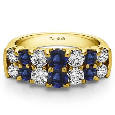 1.06 Carat Sapphire and Diamond Graduated Double Row Double Shared Prong Wedding Ring  in Yellow Gold