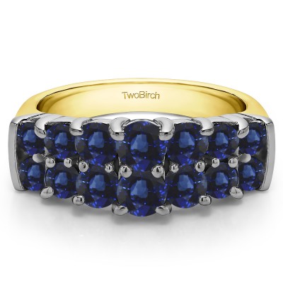 2.04 Carat Sapphire Graduated Double Row Double Shared Prong Wedding Ring  in Two Tone Gold