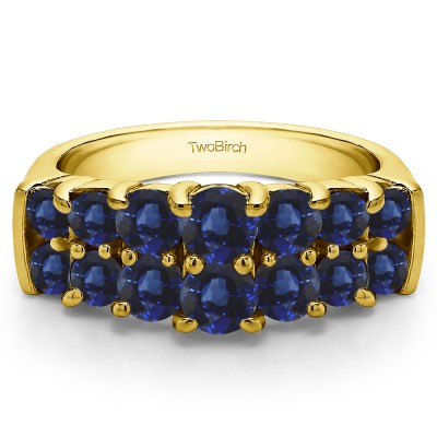1.48 Carat Sapphire Graduated Double Row Double Shared Prong Wedding Ring  in Yellow Gold