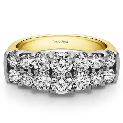 1.48 Carat Graduated Double Row Double Shared Prong Wedding Ring  in Two Tone Gold