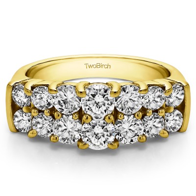 1.48 Carat Graduated Double Row Double Shared Prong Wedding Ring  in Yellow Gold