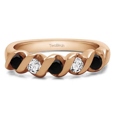 0.75 Carat Black and White Five Stone Twirl Set Wedding Ring in Rose Gold