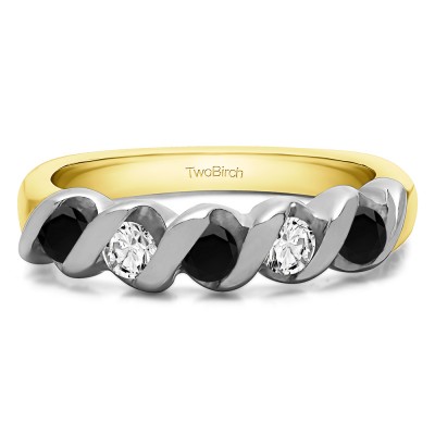 0.75 Carat Black and White Five Stone Twirl Set Wedding Ring in Two Tone Gold