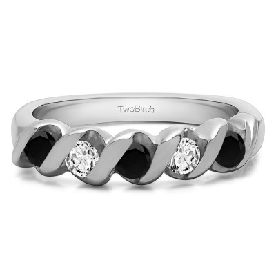 0.75 Carat Black and White Five Stone Twirl Set Wedding Ring