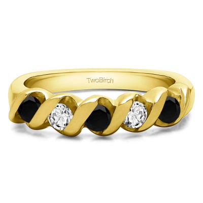 0.5 Carat Black and White Five Stone Twirl Set Wedding Ring in Yellow Gold