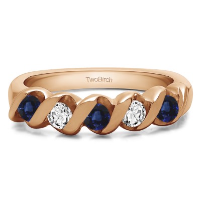 0.5 Carat Sapphire and Diamond Five Stone Twirl Set Wedding Ring in Rose Gold