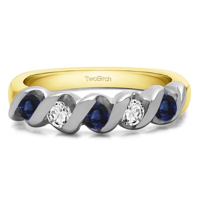 0.5 Carat Sapphire and Diamond Five Stone Twirl Set Wedding Ring in Two Tone Gold