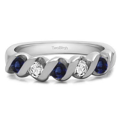 0.75 Carat Sapphire and Diamond Five Stone Twirl Set Wedding Ring