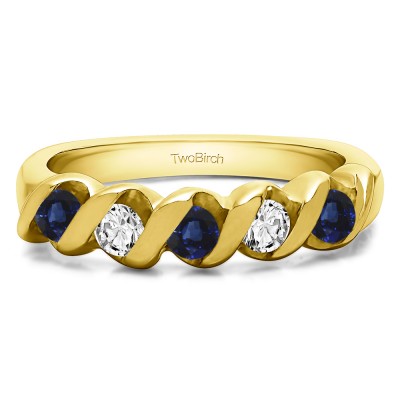 0.5 Carat Sapphire and Diamond Five Stone Twirl Set Wedding Ring in Yellow Gold